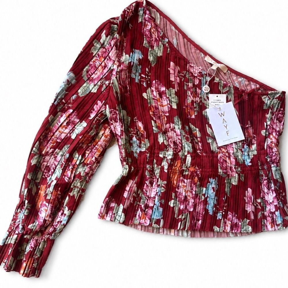 WAYF One Shoulder Pleated Floral Blouse Burgundy Scattered Roses Size L NEW